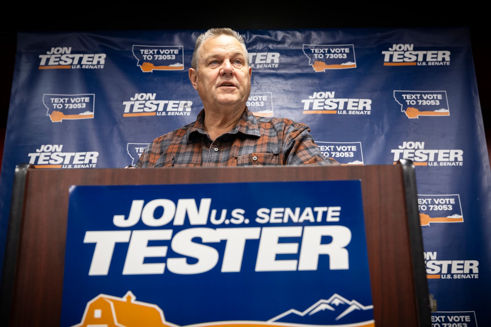 Democratic U.S. Sen. Jon Tester concedes the Montana Senate race to Republican Tim Sheehy in Great Falls, Mont. on Wednesday, Nov. 6, 2024. (Thom Bridge /Independent Record via AP)