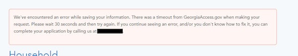 Client First Insurance Solutions agent Kirk Lyman-Barner and his co-workers say they receive "a lot of" this error message when trying to sign people up for ACA plans this year under the new Georgia Access state-based marketplace system. Lyman-Barner's office uses Healthsherpa.com, a web broker website that connects to GeorgiaAccess.gov. The number that it suggests he call for help is Client First's own number. The web broker used to connect to healthcare.gov, and now must connect to GeorgiaAccess.gov instead. The screenshot was provided to the AJC on Nov. 18, 2024. Open enrollment with Georgia Access launched Nov. 1, 2024. (Courtesy)