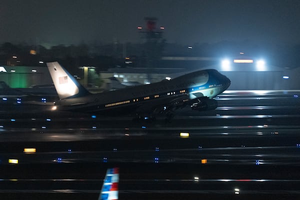 Air Force One carrying President Donald Trump takes off at Palm Beach International Airport, Sunday, March 16, 2025, in West Palm Beach, Fla. (AP Photo/Manuel Balce Ceneta)