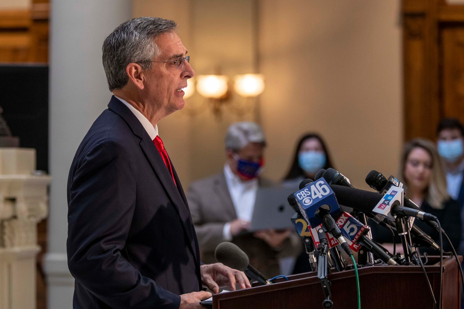 11/06/2020 —  Atlanta, Georgia — Georgia Secretary of State Brad Raffensperger makes remarks during an election update briefing at the Georgia State Capitol building in Atlanta, Friday, November 6, 2020. (Alyssa Pointer / Alyssa.Pointer@ajc.com)