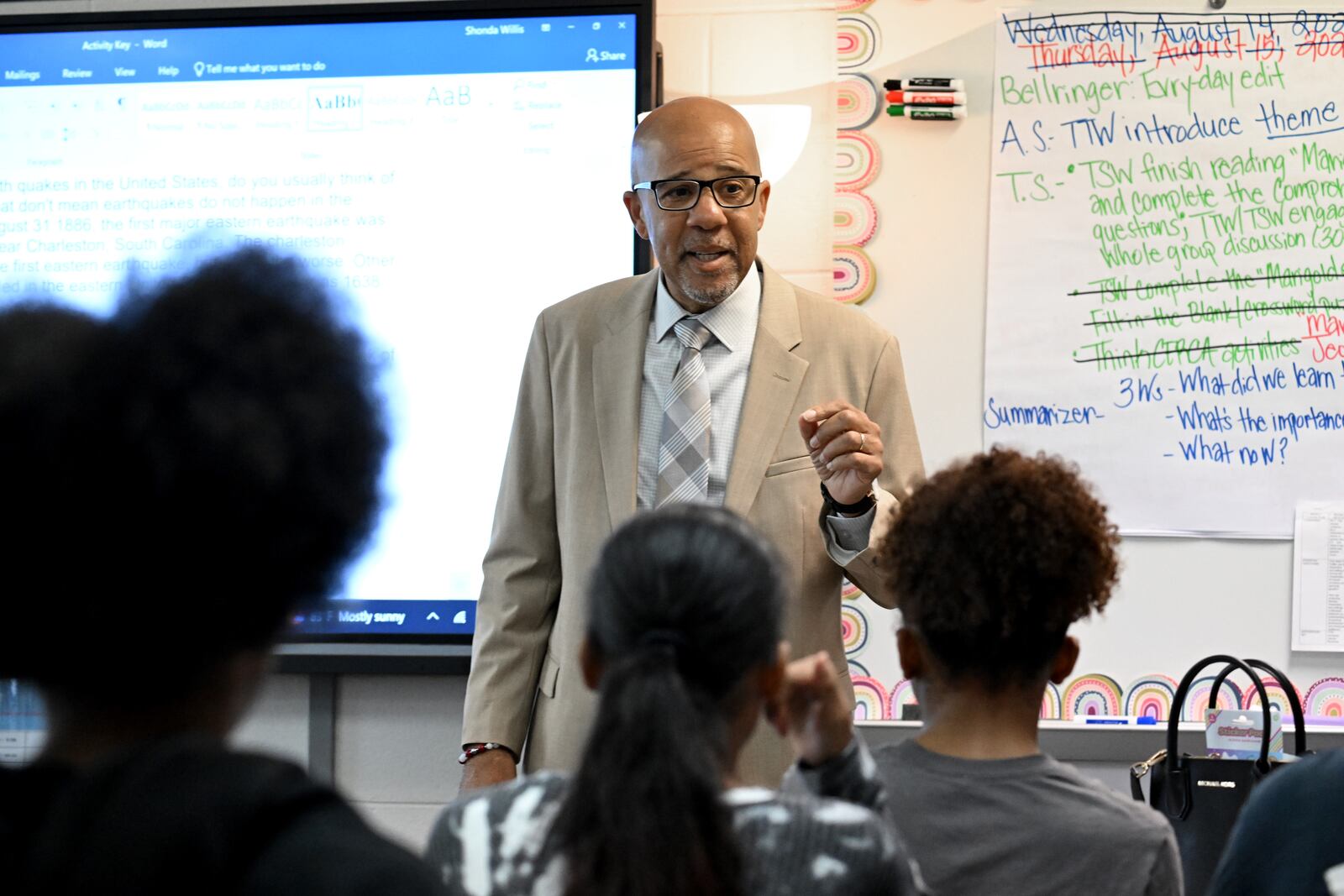 Douglas County School Superintendent Trent North speaks to students as he visits at Stewart Middle School on Aug. 15, 2024, in Douglasville. (Hyosub Shin/AJC)