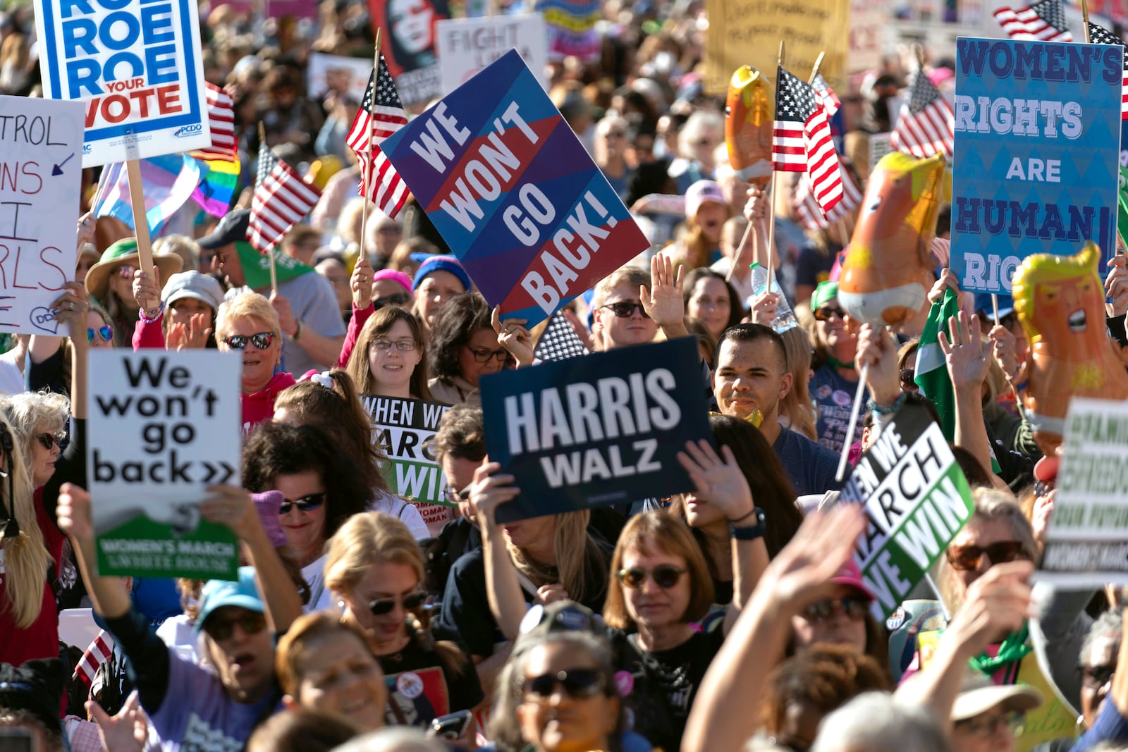 Demonstrator protest during the national Women's March at Freedom Plaza in Washington, Saturday, Nov. 2, 2024. (AP Photo/Jose Luis Magana)