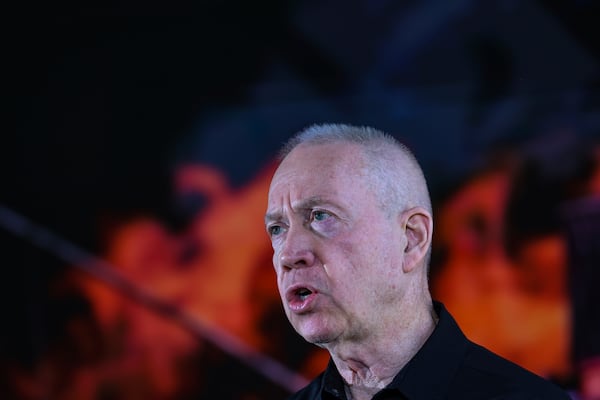 FILE - Israel's Defense Minister Yoav Gallant speaks during a ceremony marking the Hebrew calendar anniversary of the Hamas attack on October 7 last year that sparked the ongoing war in Gaza, at the Mount Herzl military cemetery in Jerusalem, Israel Sunday Oct. 27, 2024. (Gil Cohen-Magen/Pool Photo via AP, File)