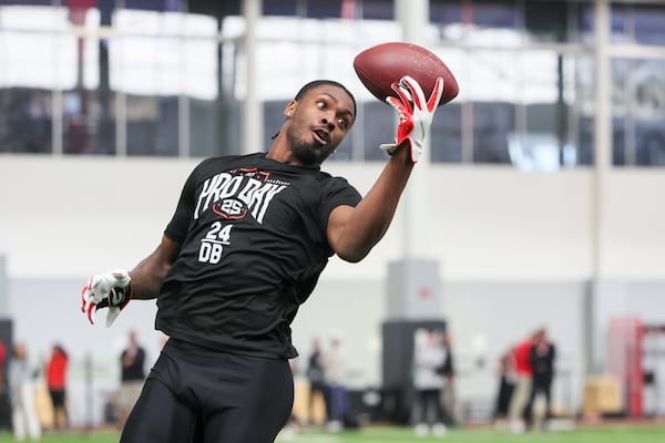 Georgia safety Malaki Starks keeps his eyes on the ball during Wednesday's NFL Pro Day in Athens. 