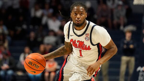 Mississippi guard Amaree Abram (1) dribbles up court during an NCAA college basketball game against Texas A&M, Tuesday, Feb. 28, 2023, in Oxford, Miss. Texas A&M won 69-61.(AP Photo/Rogelio V. Solis)