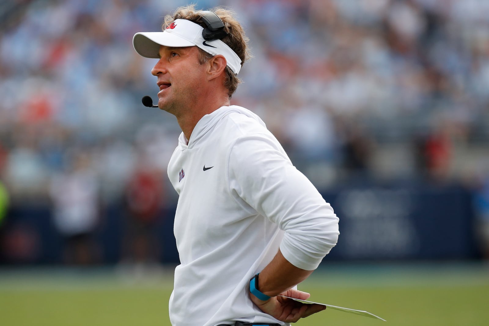 University of Mississippi head coach Lane Kiffin looks at a play review during the second half of an NCAA college football game against Oklahoma, Saturday, Oct. 26, 2024, in Oxford, Miss. (AP Photo/Sarah Warnock)