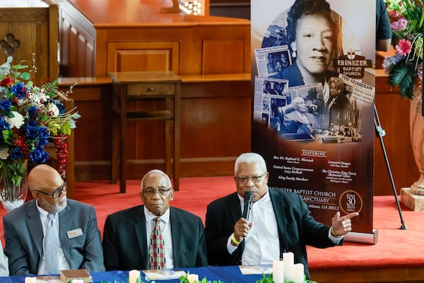 Rev. Dr. Derek Barber King Sr. (right) speaks to the congregation during the remembrance of the life and legacy of MLK’s mother on the 50th anniversary of her murder at Ebenezer Baptist Church on Sunday, June 30, 2024, in Atlanta.
(Miguel Martinez / AJC)