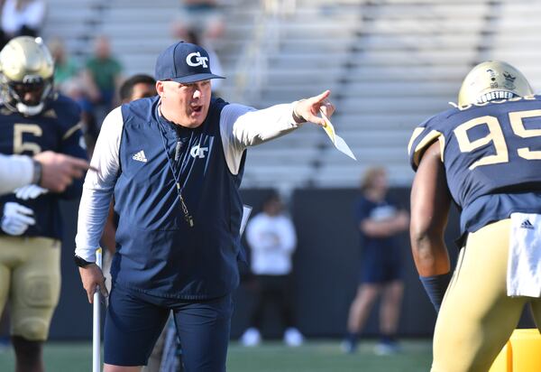 Georgia Tech's head coach Geoff Collins instructs during the 2022 Spring Game at Georgia Tech's Bobby Dodd Stadium in Atlanta on Thursday, March 17, 2022. (Hyosub Shin / Hyosub.Shin@ajc.com)