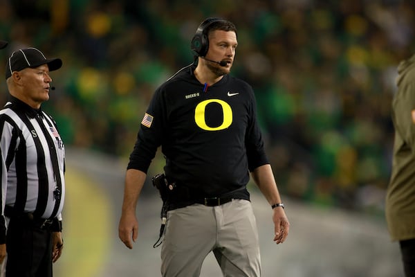 Oregon head coach Dan Lanning reacts to a call during an NCAA college football game, Saturday, Nov. 9, 2024, in Eugene, Ore. (AP Photo/Lydia Ely)