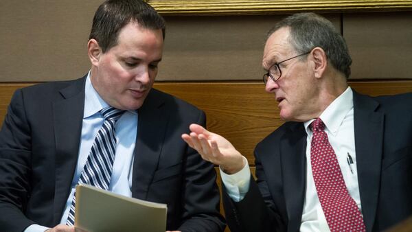 The former housekeeper’s lawyers, David Cohen (L) and John Butters, are also defendants in the case underway this week in Fulton County Superior Court. STEVE SCHAEFER / SPECIAL TO THE AJC