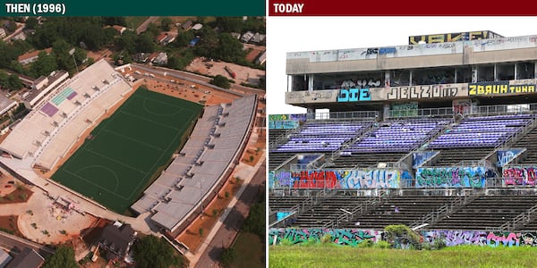 Alonzo Herndon Stadium was originally built on the Morris Brown College campus in 1948 and got a major overhaul to become a 15,011-seat field hockey venue for the 1996 Summer Olympic Games. After the Olympics, the stadium hosted the Georgia Mustangs softball and Atlanta Beat soccer teams. Today, the closed stadium is a graffiti-covered ruin. (John Bazemore / AP; Curtis Compton / AJC)