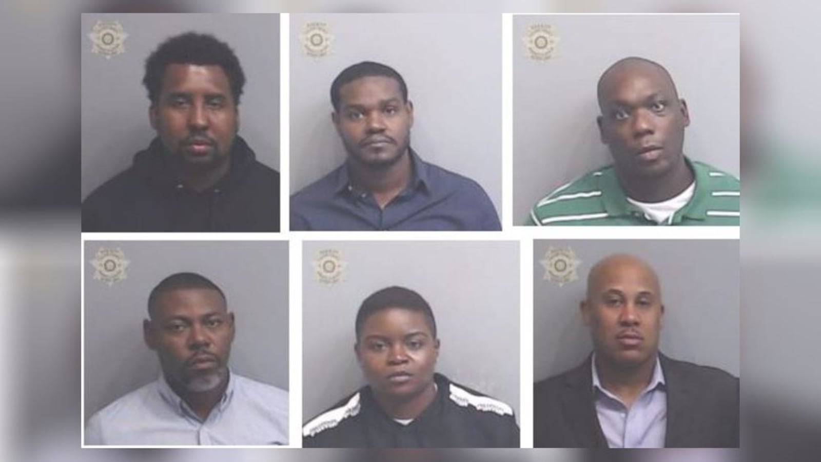 The six jailers face murder and other charges in the 2018 death of Antonio May. Top row: Arron Cook, Guito Dela Cruz and Omar Jackson. Bottom row: Jason Roache, Kenesia Strowder and William Whitaker.