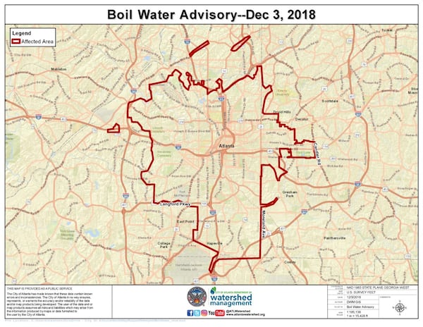 This updated map shows the areas affected by the boil water advisory. (Photo: Atlanta Department of Watershed Authority)