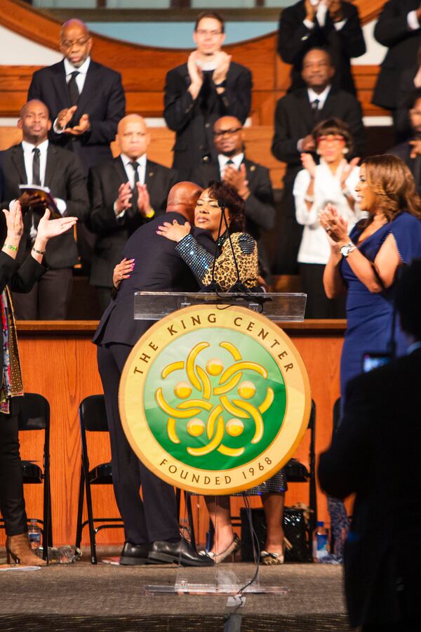 Reverend Dr. Bernice A. King speaks during the Dr. Martin Luther King Jr. Day service on Monday, January 16, 2023, at Ebenezer Baptist Church in Atlanta. The church hosted a full program of speakers and performances to commemorate Dr. Martin Luther King Jr.'s birthday and legacy. CHRISTINA MATACOTTA FOR THE ATLANTA JOURNAL-CONSTITUTION.