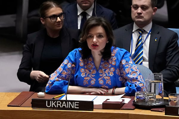 Mariana Betsa, Deputy Foreign Minister of Ukraine, addresses the UN Security Council, Monday, Feb. 24, 2025, at the United Nations headquarters. (AP Photo/Richard Drew)