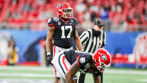 Georgia linebacker Nakobe Dean (17) readies for a play against Cincinnati during the Chick-fil-A Peach Bowl Jan. 1, 2021, at Mercedes-Benz Stadium in Atlanta. (Chamberlain Smith/UGA)