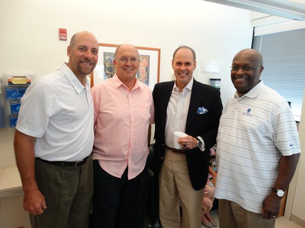 John Smoltz, Neal Boortz, Ernie Johnson and Herman Cain at the WSB Careathon. CREDIT: Rodney Ho/ rho@ajc.com