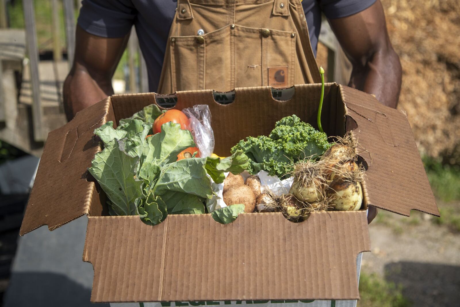 Atlanta Harvest Farms co-owner EliYahu Ysrael, 25, displays a produce box that is available for purchase at Atlanta Harvest Farms in Jonesboro. Atlanta Harvest Farms started to focus more on delivering produce boxes during the COVID-19 pandemic and expanded the number of cities they serve in the metro area. ALYSSA POINTER / ALYSSA.POINTER@AJC.COM