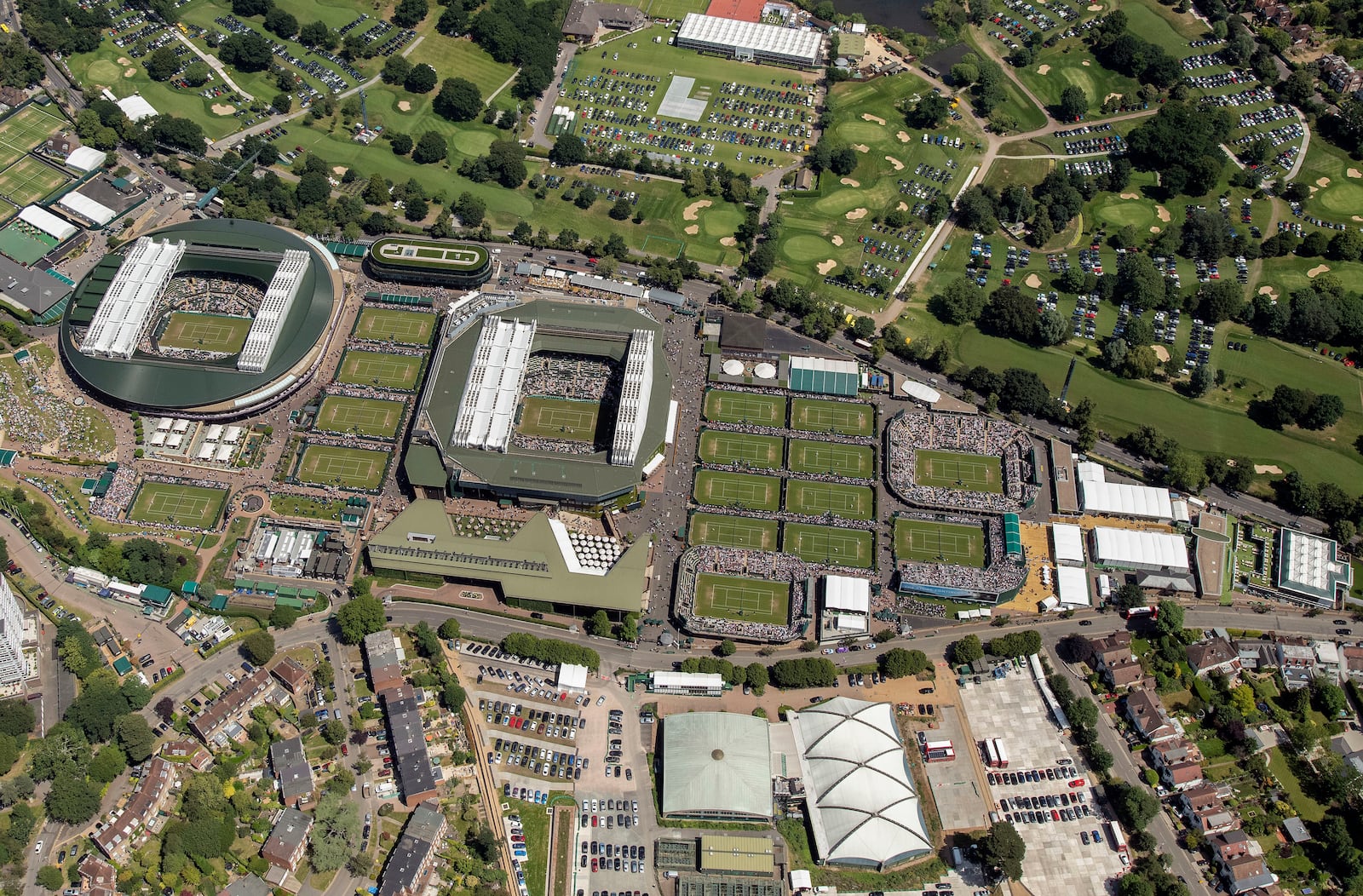 FILE - An aerial view of All England Tennis Club on day seven of the Wimbledon Tennis Championships in London, July 8, 2019. (Thomas Lovelock/AELTC via AP, Pool, File)