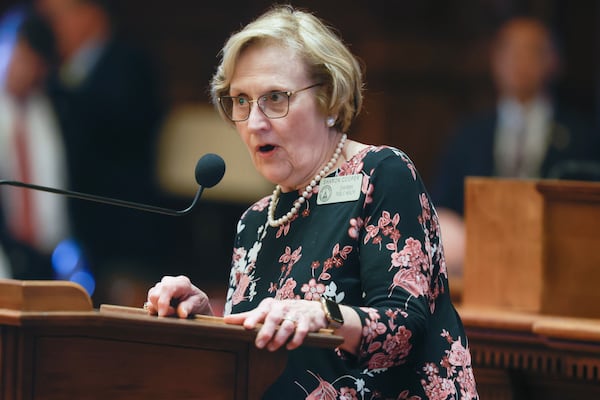 Rep. Sharon Cooper (R-Marietta) speaks in the House chambers on day 25 of the legislative session on Tuesday, February 28, 2023. (Natrice Miller/ Natrice.miller@ajc.com)