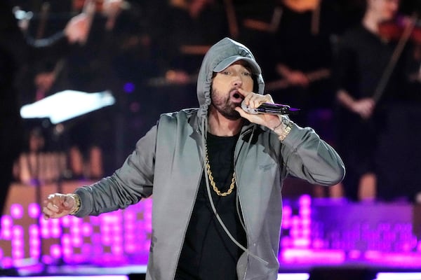 FILE - Eminem performs during "Live From Detroit: The Concert at Michigan Central," on June 6, 2024, in Detroit. (AP Photo/Carlos Osorio, File)