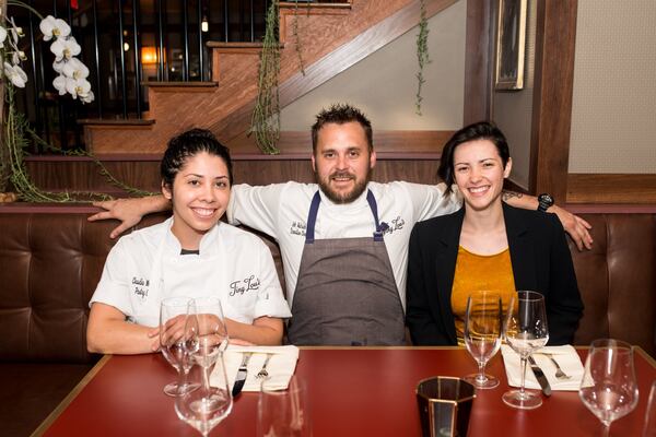 Tiny Lou's Team (from left to right) pastry chef Claudia Martinez, executive chef Jeb Aldrich, and beverage manager Jordan Moore. Photo credit- Mia Yakel.