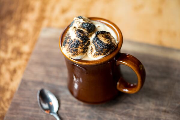 Burnt marshmallows reminiscent of a campfire top Hampton + Hudson's hot chocolate.