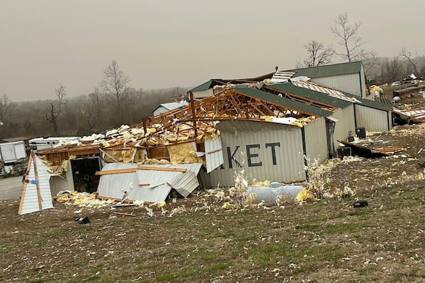 In this photo provided by Missouri State Highway Patrol, a home is damaged after a severe storm passed the area near Ozark County, Mo., early Saturday, March 15, 2025. (Missouri State Highway Patrol via AP)