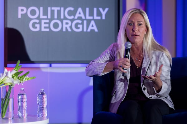 U.S. Rep. Marjorie Taylor Greene, R-Rome, was interviewed during a live-to-tape recording of the "Politically Georgia" podcast at the Martin Luther King Jr. Memorial Library in Washington on Thursday, Feb. 6, 2025.