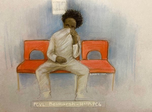 A court artist drawing by Elizabeth Cook of Axel Rudakubana, 18, appearing by video-link from Belmarsh prison at London's Westminster Magistrates' Court, Wednesday Oct. 30, 2024. (Elizabeth Cook/PA via AP)