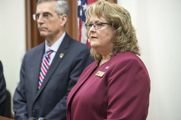 Cobb County Elections Director Janine Eveler speaks during a press conference at the Georgia State Capitol Building, Monday, March 16, 2020. Georgia Secretary of State Brad Raffensperger has postponed the state presidential primary. Health experts recommend avoiding groups and close contact during the coronavirus outbreak, and most of Georgia’s poll workers necessary for the smooth running of fair and accurate elections are in the high-risk age group, as well as the high-risk the coronavirus presents to all Georgia voters. ALYSSA POINTER / ALYSSA.POINTER@AJC.COM