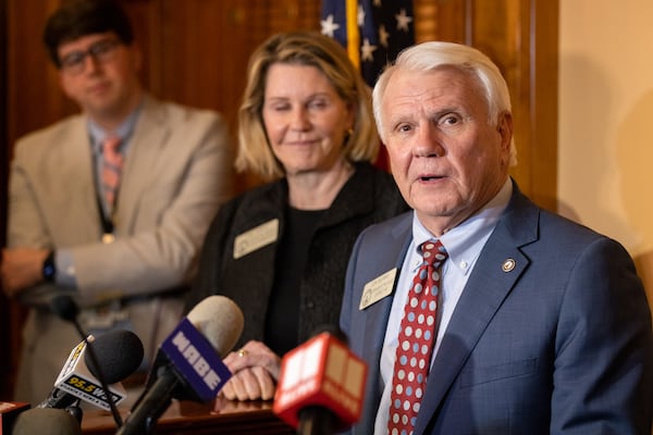 House Speaker Jon Burns (right), R-Newington, speaks at a news conference following Thursday's session at the Capitol in Atlanta.