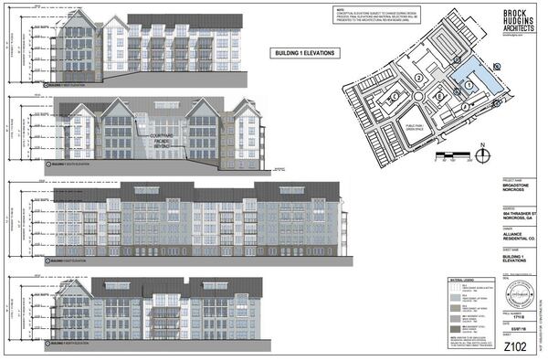 Rezoning documents submitted with the city of Norcross show elevations for the townhomes proposed for the city's former WestRock property. (via city of Norcross)