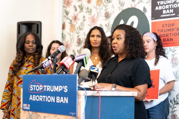 Latorya Beasley speaks at a press conference marking two years since Roe v. Wade was overturned at The Lola in Atlanta on Monday, June 24, 2024. (Seeger Gray / AJC)