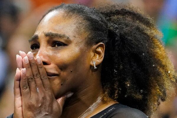 Serena Williams, of the United States, reacts after losing to Ajla Tomljanovic, of Austrailia, in the third round of the U.S. Open tennis championships, Friday, Sept. 2, 2022, in New York. (AP Photo/John Minchillo)