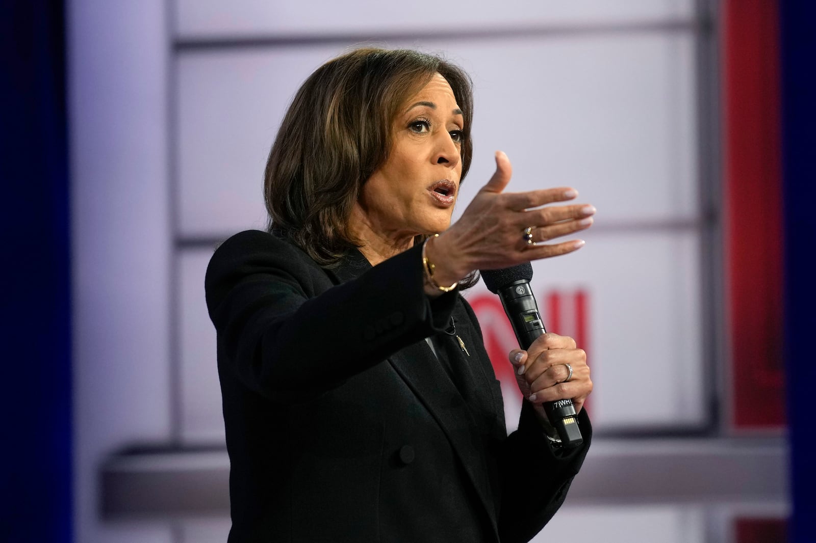 Democratic presidential nominee Vice President Kamala Harris speaks during a CNN town hall in Aston, Pa., Wednesday, Oct. 23, 2024. (AP Photo/Matt Rourke)