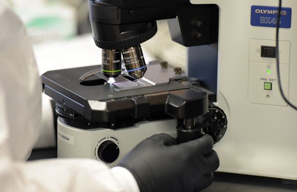 Scientist Lanisha Gittens uses a microscope as she works on evidence in the serology lab at the GBI crime laboratory in 2015. KENT D. JOHNSON/ kdjohnson@ajc.com