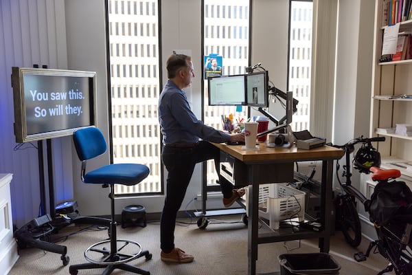 Jon VanderMeer, CEO of Kiosk & Display, works at the company’s office in Peachtree Center in Atlanta on Monday, September 25, 2023. (Arvin Temkar / arvin.temkar@ajc.com)