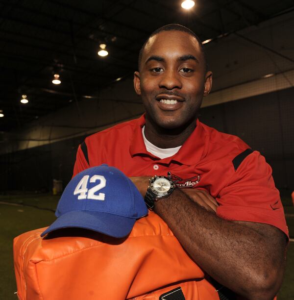 April 3, 2013 Duluth: Jasha Balcom at the Hitters Box on Wednesday, April 3, 2013. A former ballplayer himself, Balcom served as a stunt man during the filming "42" a movie about Jackie Robinson. JOHNNY CRAWFORD / JCRAWFORD@AJC.COM