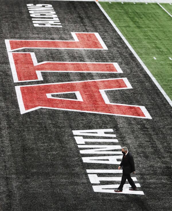 Falcons owner Arthur Blank walks off the field as his team prepares to play the Las Vegas Raiders Sunday, Nov. 29, 2020, at Mercedes-Benz Stadium in Atlanta. (Curtis Compton / Curtis.Compton@ajc.com)