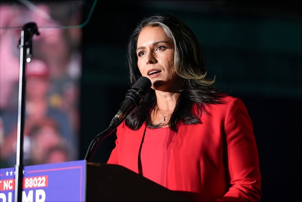 Former Democratic Rep. Tulsi Gabbard during a campaign rally with Republican presidential nominee former President Donald Trump at Greensboro Coliseum, Tuesday, Oct. 22, 2024, in Greensboro, N.C. (AP Photo/Alex Brandon)