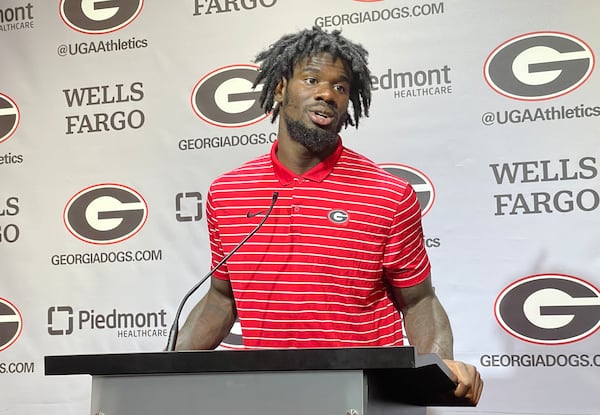 Georgia senior wideout Marcus Rosemy-Jacksaint fields questions from reporters after the Bulldogs' preseason practice on Tuesday at the Butts-Mehre football complex in Athens. (Photo by Chip Towers/ctowers@ajc.com)