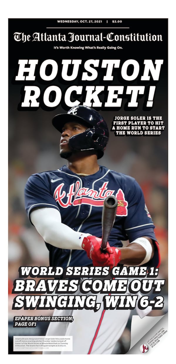 ‘Houston Rocket!’ – Atlanta Braves World Series section in Wednesday Atlanta Journal-Constitution ePaper - Oct. 27 2021