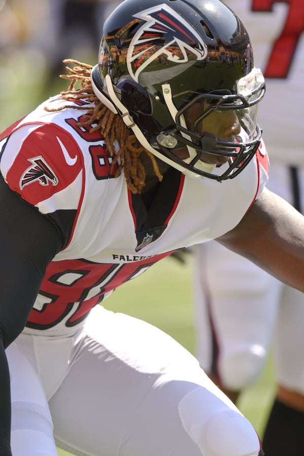 Atlanta Falcons defensive end Takkarist McKinley (98) warms up before of an NFL preseason football game against the Pittsburgh Steelers, Sunday, Aug. 20, 2017, in Pittsburgh. (AP Photo/Don Wright)