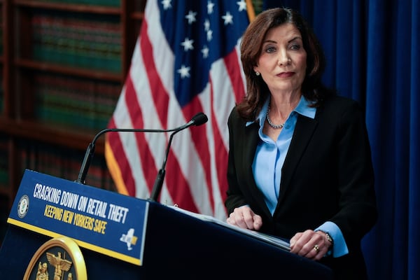 FILE - New York Gov. Kathy Hochul speaks at a press conference on Nov. 26, 2024, in the Queens borough of New York. (AP Photo/Julia Demaree Nikhinson, File)