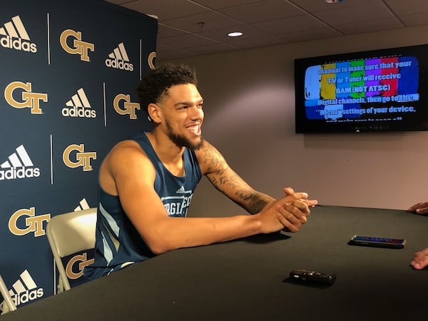 Georgia Tech center Rodney Howard speaks with media at McCamish Pavilion Nov. 1, 2022. (AJC photo by Ken Sugiura)