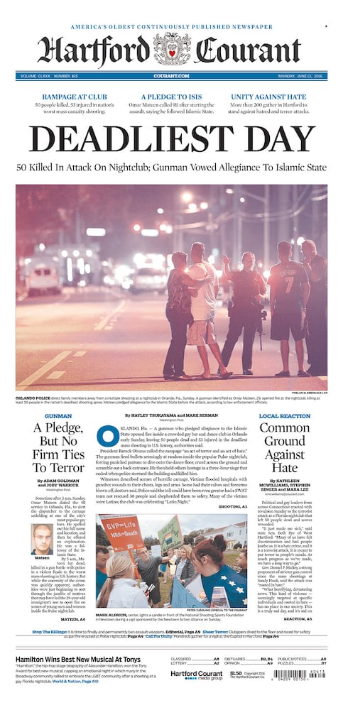 Newspaper front pages reflect Orlando tragedy