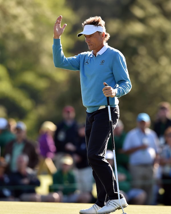 APRIL 9, 2016 AUGUSTA Bernhard Langer reacts to his missing a birdie putt on the 17th green during the third round of the 80th Masters at the Augusta National Golf Club, Saturday, April 9, 2016. Brant Sanderlin/bsanderlin@ajc.com