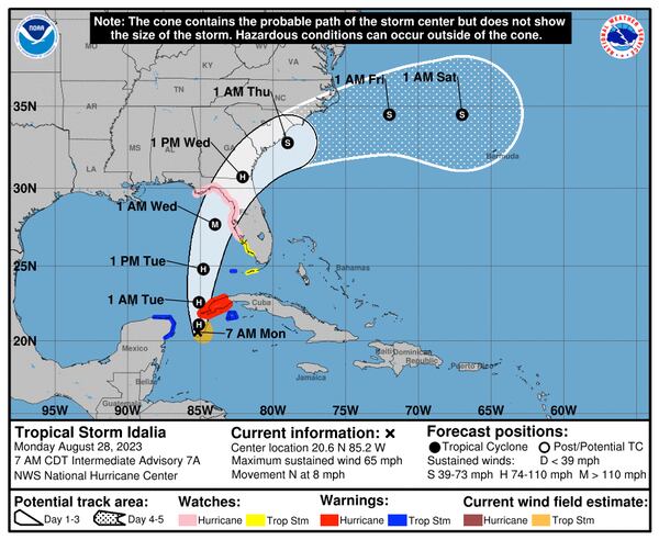 Tropical Storm Idalia is expected to strengthen into a hurricane on Monday. (Courtesy of National Hurricane Center/TNS)