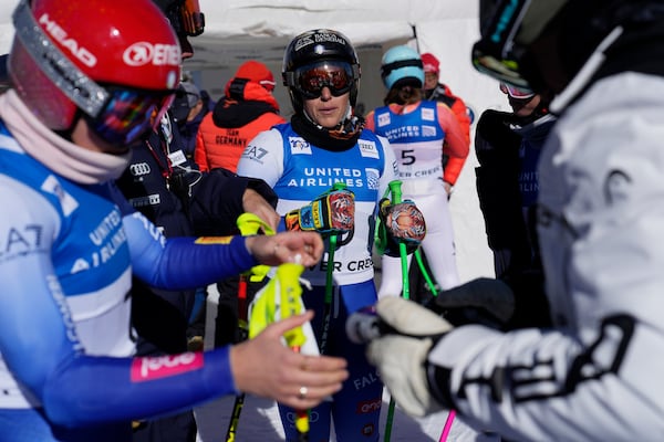 Italy's Federica Brignone prepares before a women's World Cup downhill training run, Wednesday, Dec. 11, 2024, in Beaver Creek, Colo. (AP Photo/John Locher)